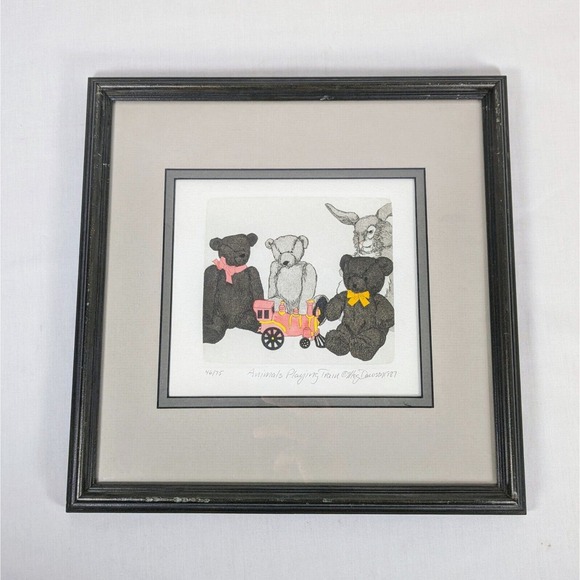 Meg Dawson Etching Animals Playing Train Teddy Bears Rabbit 46/75 HTF 1987 Frame